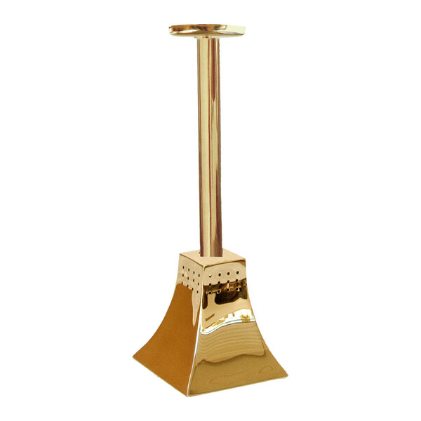 A gold metal object with a square base and a long pole.