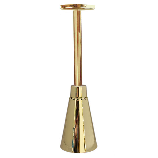 A Hanson Heat Lamps brass ceiling mount heat lamp with a long pole.