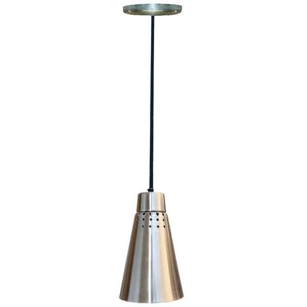 A Hanson Heat Lamps ceiling mount heat lamp with a stainless steel finish.