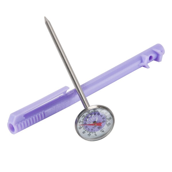 A Taylor purple plastic pocket probe thermometer with a purple handle.