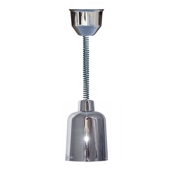 A Hanson Heat Lamps ceiling mount heat lamp with a chrome finish and a retractable cord.