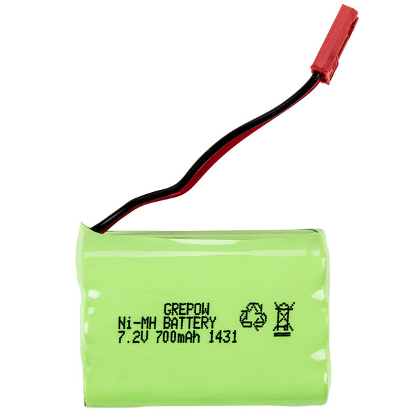 A close-up of a green Taylor TERBAT replacement battery with red and black wires attached.