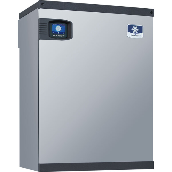 A silver rectangular Manitowoc remote condenser for ice machines with a blue and white logo.
