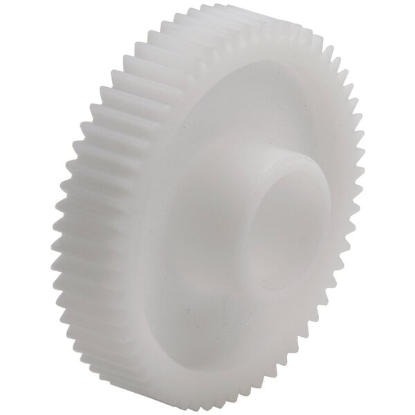 A close-up of a white plastic Bar Maid idler gear with a hole in the center.