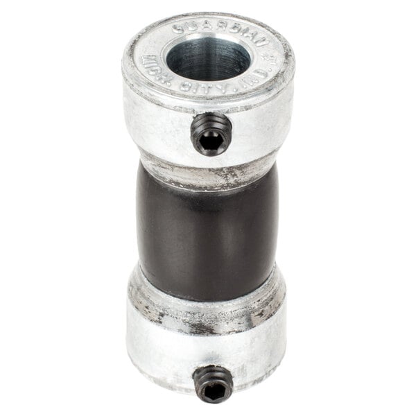 A black and silver metal Bar Maid motor shaft coupler.