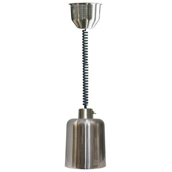 A Hanson Heat Lamps stainless steel retractable cord ceiling mount heat lamp.