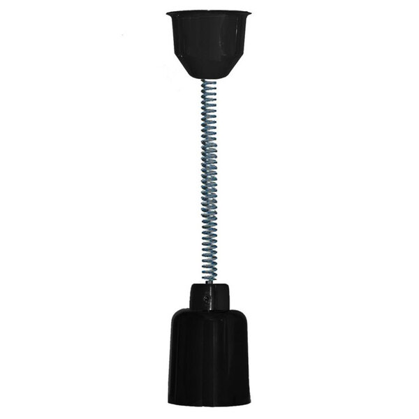 A Hanson Heat Lamps black retractable ceiling mount heat lamp with a black spiral spring.