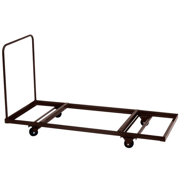A brown metal cart with wheels designed to stack flat tables.