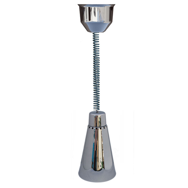 A silver metal cone with a metal cap on a silver metal pipe.