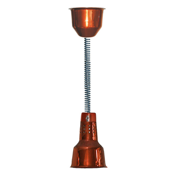 A Hanson Heat Lamps copper ceiling mount with a retractable cord and a spiral spring.