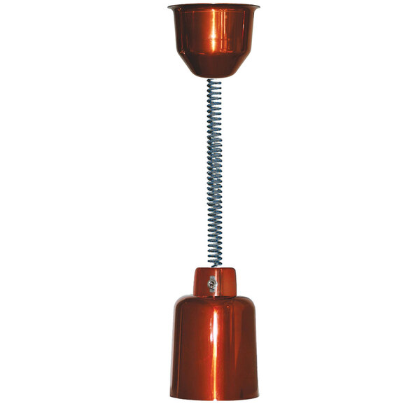 A Hanson Heat Lamps ceiling mount heat lamp with a smoked copper finish and a spiral cord.