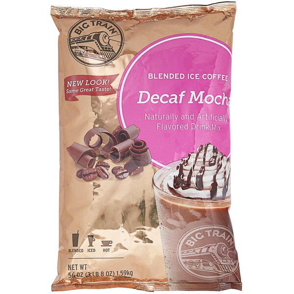 A bag of Big Train Decaf Mocha Blended Ice Coffee Mix with a pink label.