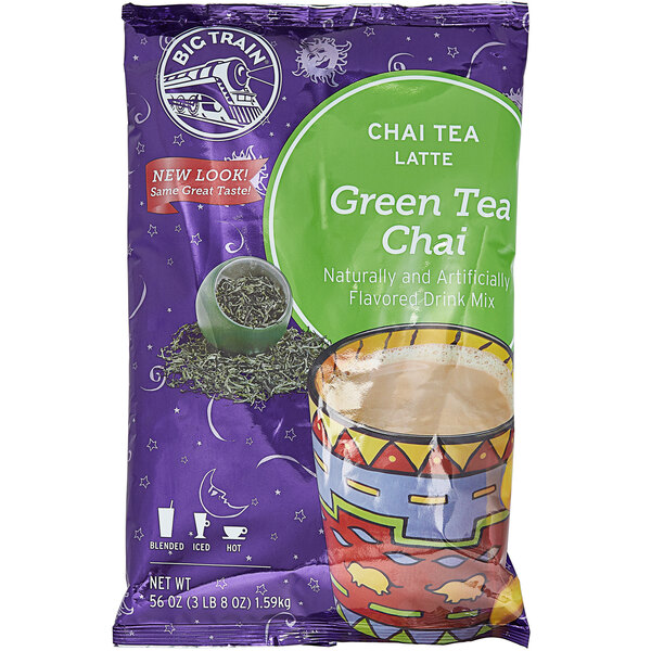 A plastic bag of Big Train Green Tea Chai Latte Mix with a green and white design.