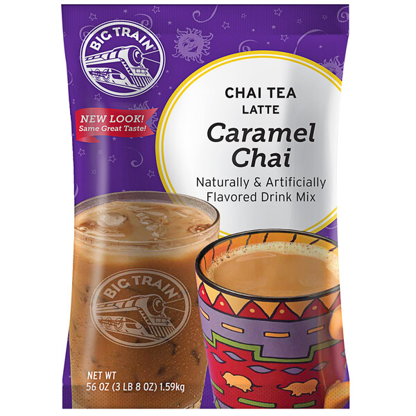 A bag of Big Train Caramel Chai Tea Latte Mix with a picture of a cup of chai tea.