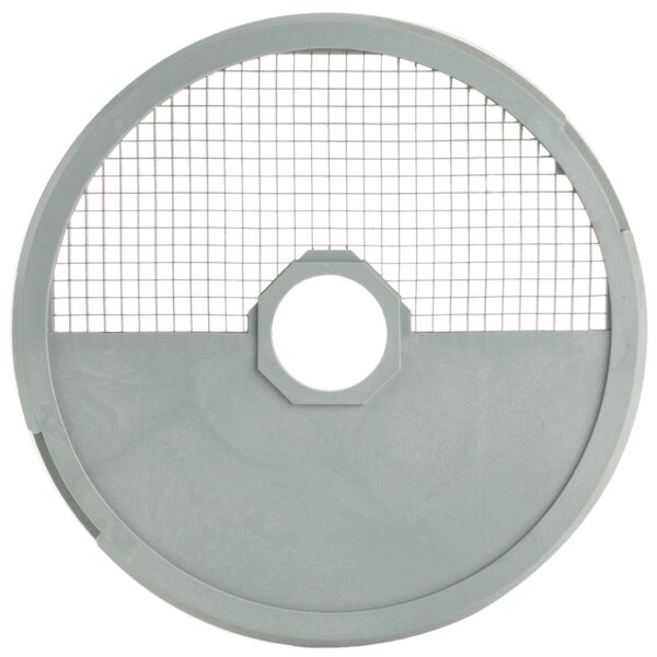 A round grey metal disc with wire mesh.