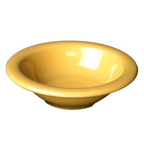 A yellow Thunder Group melamine soup bowl with a white background.
