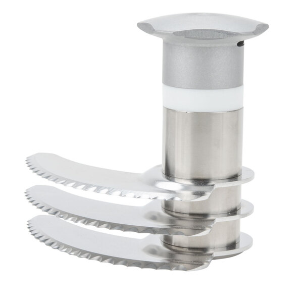 A Robot Coupe serrated 3 blade assembly in a stainless steel knife holder.
