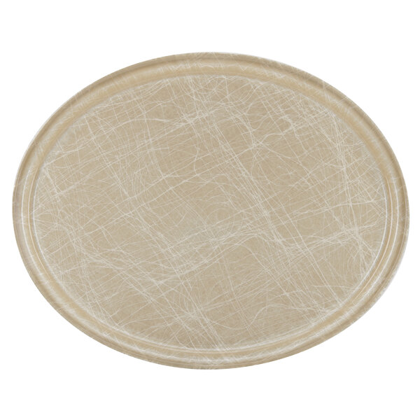 A beige oval Cambro tray with a white background.