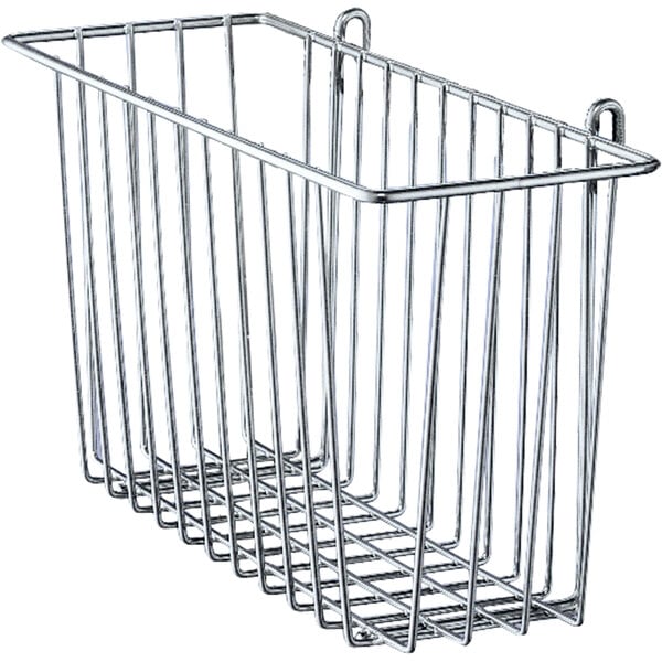 A chrome Metro storage basket for wire shelving.