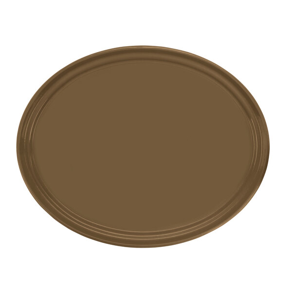 A brown oval fiberglass tray with a white background.