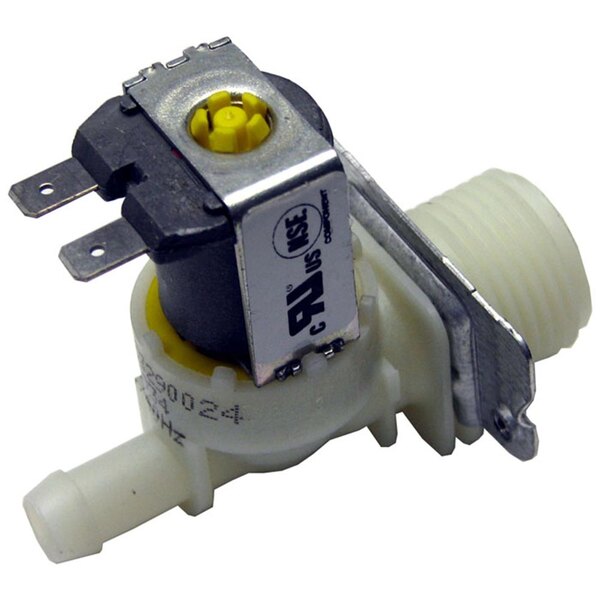 A white plastic All Points water solenoid valve with a yellow cap.