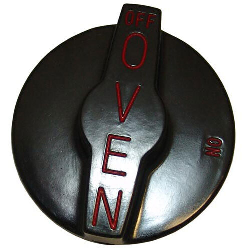 A black oven knob with red text that says "Off"