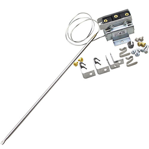 A metal thermostat with a long metal rod and screws.