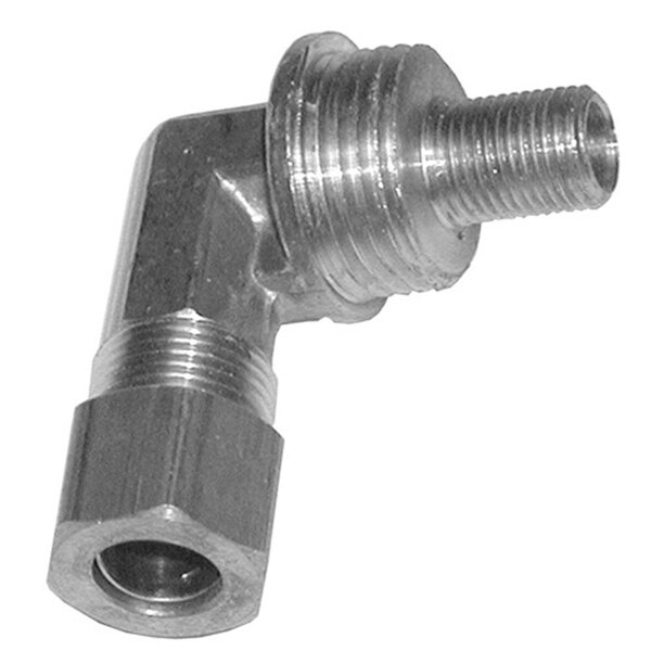 A silver metal All Points Orifice Holder Elbow with threaded ends and a Palnut.