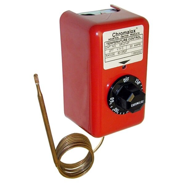A red All Points temperature control device with a black dial and a spiral wire.