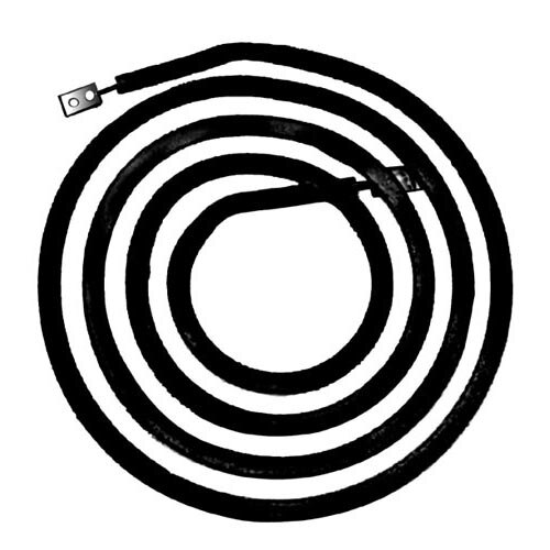 A black coil of a heating element with a black cord and metal hook.