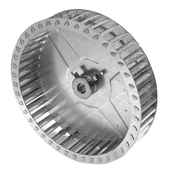 A metal blower wheel with holes.