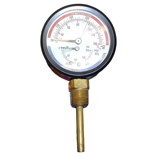 A close-up of an All Points pressure/temperature gauge with a metal bottom.