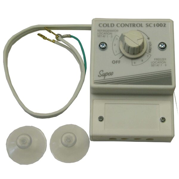 A close-up of a white All Points Universal Cold Controller with two wires.