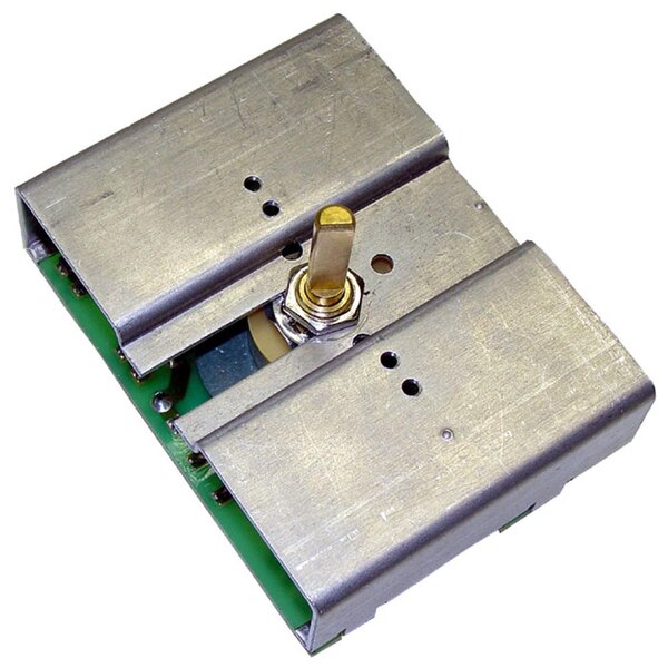 A metal rectangular temperature control box with a metal knob.