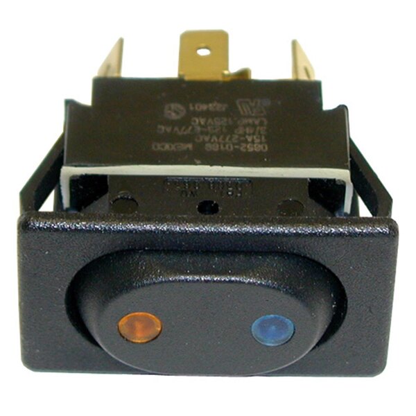 A black All Points On/Off/On sealed rocker switch with a circular button and two orange lights.