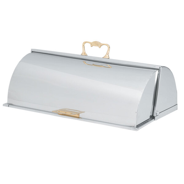 A silver metal Vollrath chafer cover with a handle.