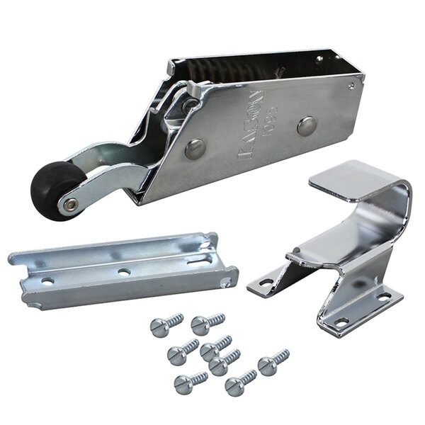 All Points spring action door closer with flush hook, a metal piece of equipment with screws and a wheel.