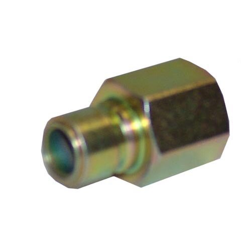 A metal threaded connector with a threaded end.