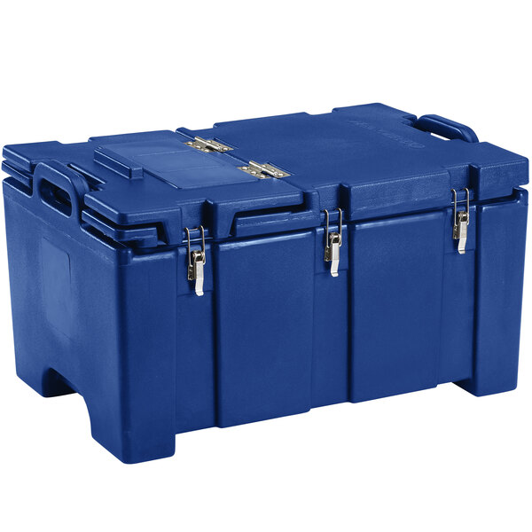 A blue plastic box with black handles.