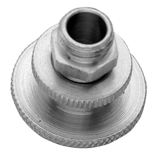 A close-up of a metal threaded nut.