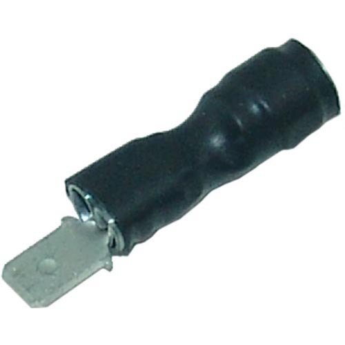 A black electrical connector with a metal tab.