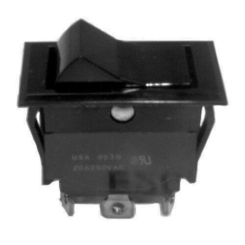A close-up of a black All Points On/Off/On Rocker Switch with white letters.