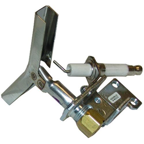 A close-up of a metal pilot burner assembly with igniter, bracket, and flexible tubing.