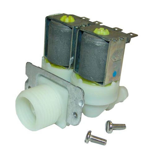 Two white All Points dual solenoid water feed valves with screws and nuts.