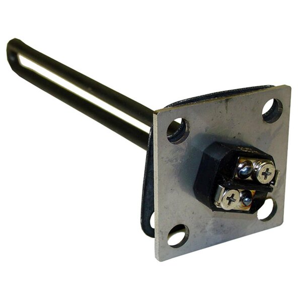 A metal plate with a black cable and metal screws.