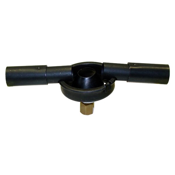 A black plastic object with a black plastic handle and a nut on top with a black round piece with two holes.