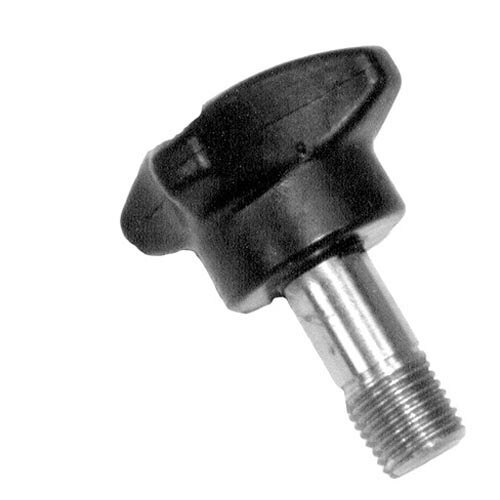 A black plastic knob with a black and silver screw and metal nut.