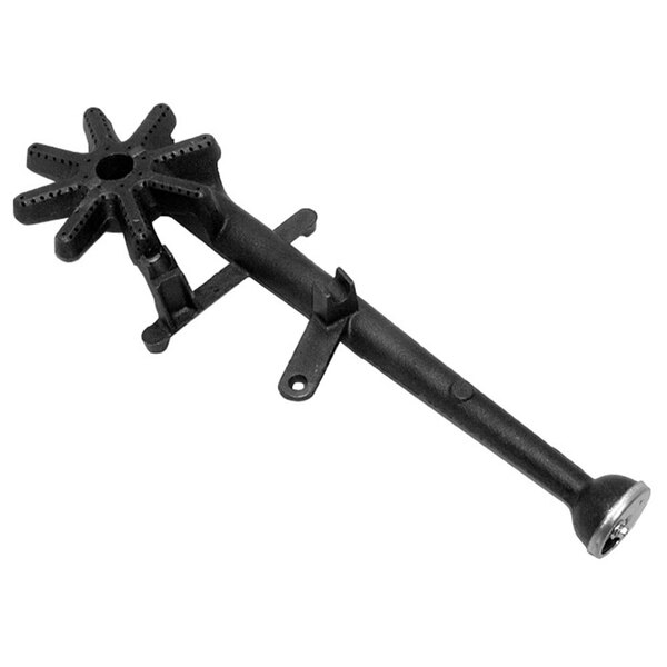 A black metal cast iron rear burner assembly with a long handle.