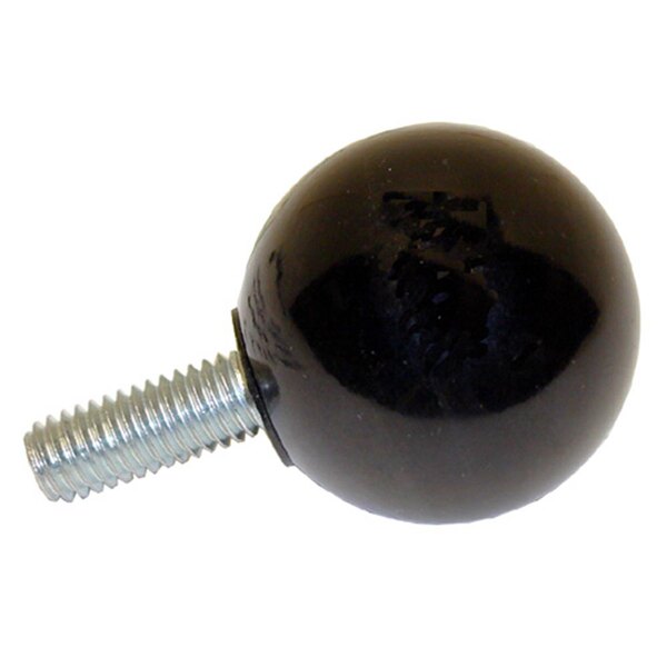 A close-up of a black ball with a screw on it.