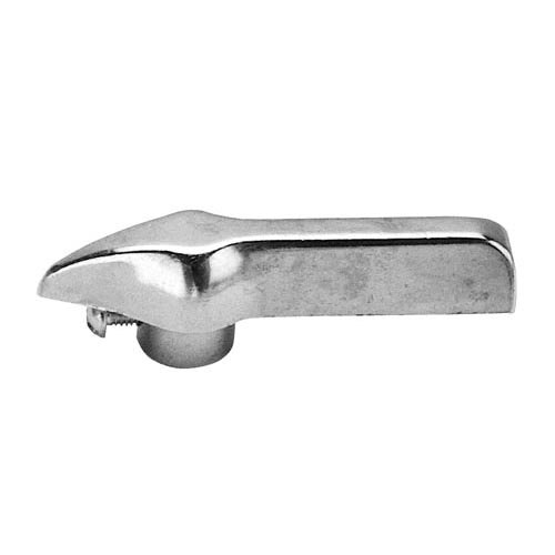 A close-up of a chrome metal oven handle.